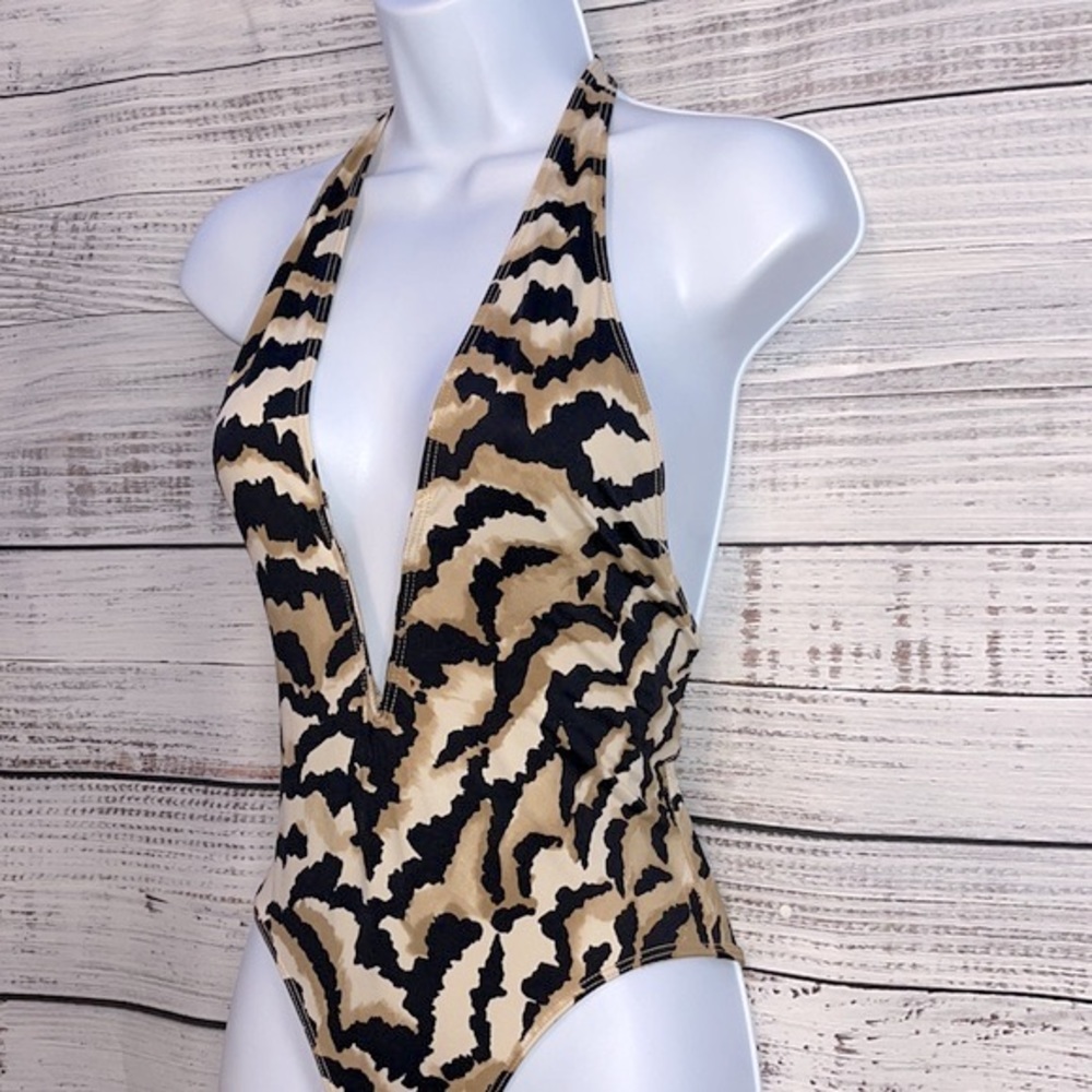 SAUVAGE WEAR Plunge Neck Animal Print One Piece Halter Swimsuit | Size Medium